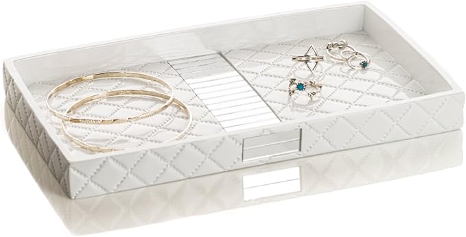 Creative Scents Quilted Mirror Vanity Trays for Bathroom – Decorative Cosmetics Organizer - Durable Resin -Bathroom Tray for Arranging Perfume/Jewelry/Makeup - Elegant Bathroom Accessories (White)