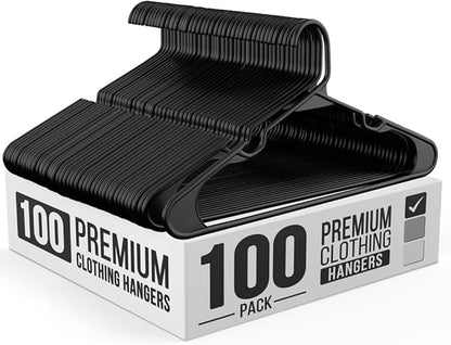 Our Modern Space 100 Pack Adult Plastic Hanger for Shirt Pants Coats Dresses Skirts Suits Jackets - Standard Thick Coat Hanger - Sturdy & Durable Design with Shoulder Grooves Hook - Black