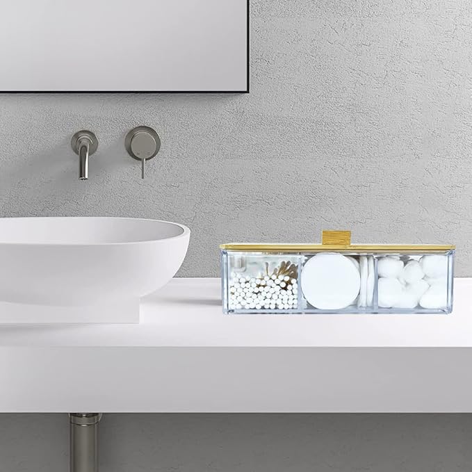 Acrylic Qtip Dispenser with Wood Lid - 3 Compartment Bathroom Organizer for Q Tip, Cotton Swab and Cotton Pad Holder, Vanity Storage Organization for Countertop and Drawer
