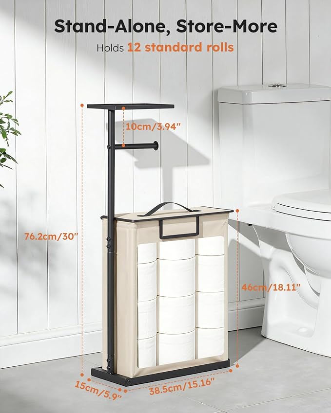 Freestanding Toilet Paper Holder Stand with Shelf for Up to 12 Rolls,Rustproof Metal Bathroom Toilet Paper Storage with Lid, All-in-One Toilet Tissue Roll Dispenser and Organizer,Beige