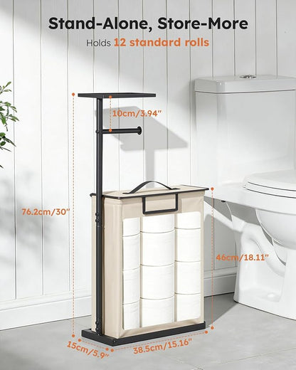 Freestanding Toilet Paper Holder Stand with Shelf for Up to 12 Rolls,Rustproof Metal Bathroom Toilet Paper Storage with Lid, All-in-One Toilet Tissue Roll Dispenser and Organizer,Beige