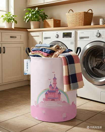Laundry Hamper, Round Waterproof Storage Basket with Handle, Foldable, Pink Castle, 19.7in(H) x 15.7in(D), for Children's Room and Toy Storage