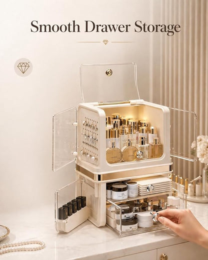 Makeup Organizer with Drawers, Large Acrylic Dustproof Cosmetic Storage Box with Lid, 2-Layer Vanity Organizer for Skincare, Perfume & Bathroom Countertop (28.5 × 20 × 38 cm)