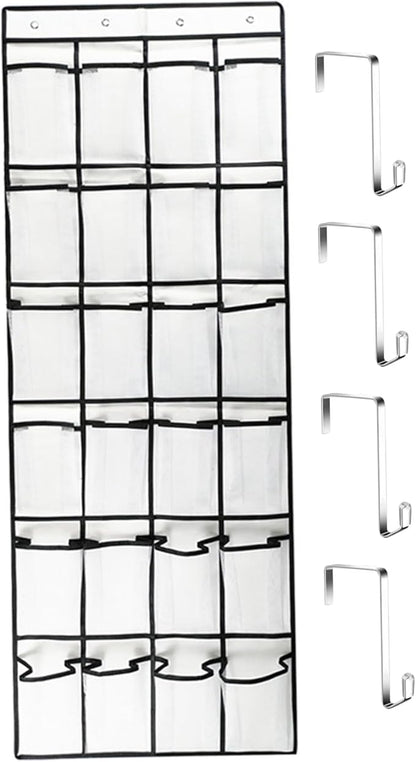 Over the Door Shoe Organizer, 24 Pocket Breathable Mesh Hanging Shoe Organizer, Up to 40 Pounds Non Slip Holder, Sturdy over the Door Storage Fits for Size 13 Shoes 59x21