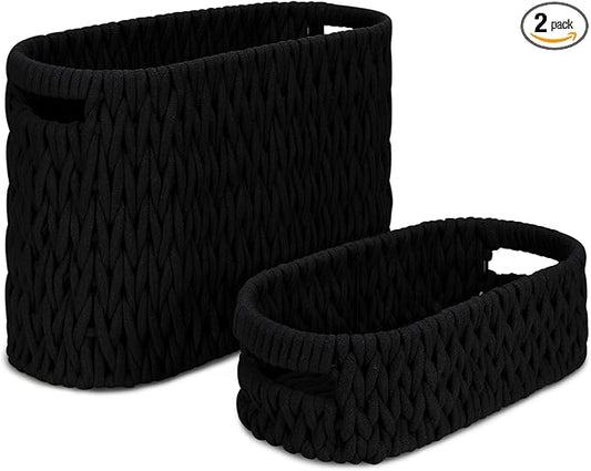 Boho Toilet Paper Storage Baskets, Cotton Rope Woven Bathroom Basket Set of 2, Standing Toilet Paper Holder for 6 Mega Rolls,Storage Bins for Toilet Tank Top, Bathroom Organizer Decor (Black 2 Pack)