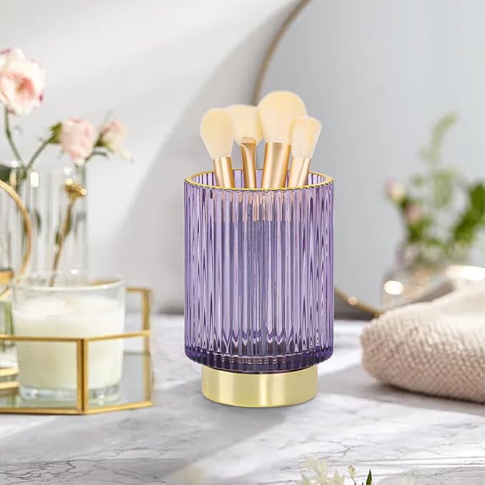 Glass Makeup Brush Holder, Purple Makeup Brush Holder for Vanity, Toothbrush Holders for Bathrooms, Desktop Makeup Organizer for Cosmetic, Brushes, Pen, Pencil
