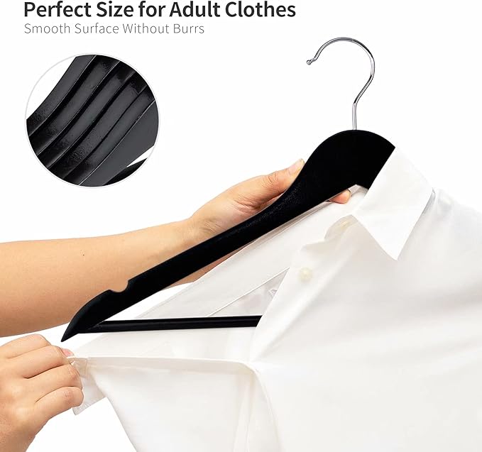 Solid Wooden Hangers 20 Pack, Wood Suit Hangers with Extra Smooth Finish, Precisely Cut Notches and Chrome Swivel Hook, Wooden Clothes Hangers for Shirt Coat Jacket Dress, Black