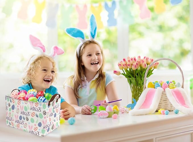 Rectangular Easter baskets , Kids Easter Basket Organizer.Cute Storage Basket with Handles.Boys and Girls,Easter Bunny Eggs Decor,Books,Easter Gifts . (Easter bunny eggs)
