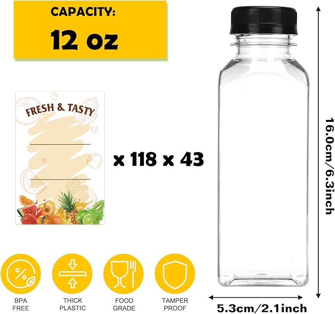 BAKHUK BAKHUK5074pcs 12oz Empty Plastic Juice Bottles with Caps, Plastic Water Bottles with lids, Reusable Clear Bulk Beverage Containers for Juice, Milk and Other Beverages