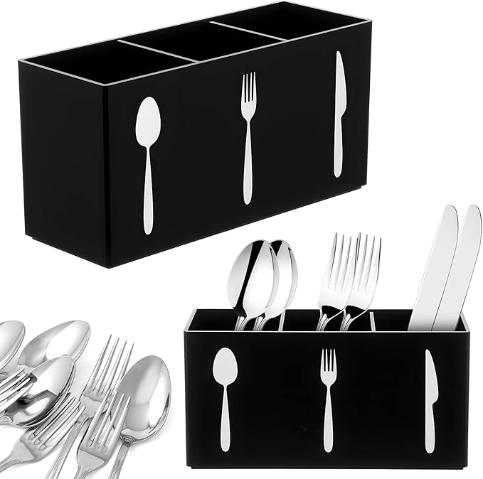 Cutlery Storage Organizer Silverware Caddy Utensil Holder Countertop Knife Spoon and Fork Organizer Kitchen 3 Section Tableware Storage Box Indoor Outdoor Party Tableware Holder (Black)