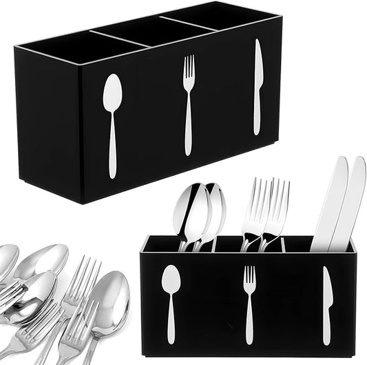 Cutlery Storage Organizer Silverware Caddy Utensil Holder Countertop Knife Spoon and Fork Organizer Kitchen 3 Section Tableware Storage Box Indoor Outdoor Party Tableware Holder (Black)
