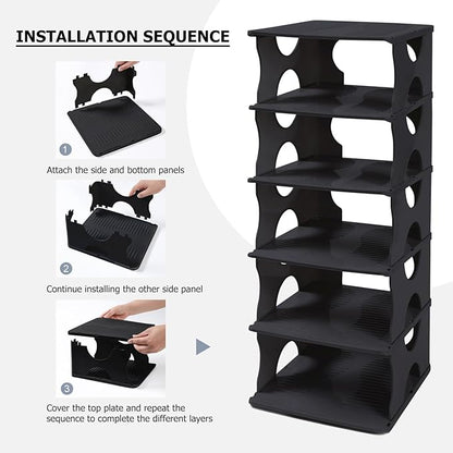 6-Tier Thickened Shoe Rack, Stackable Storage Organizer for Bedroom Entry, Adjustable Rack, Shoe Slots Shelf, Easy Tower Rack, Black
