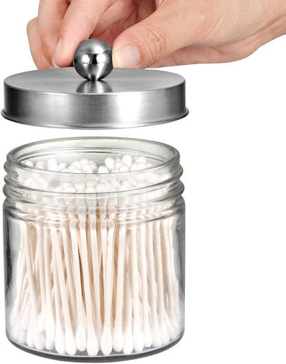 SheeChung 2-Pack Brushed Nickel Mason Jar Qtip Holder - Glass Apothecary Jars Bathroom Organizer - Rust-Proof Stainless Steel Lid for Cotton Swabs, Balls, Pads, Flossers - Modern Farmhouse Decor