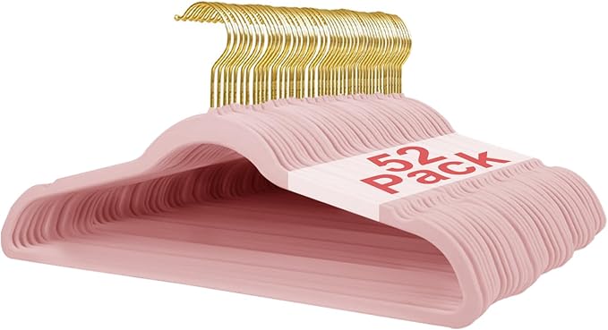 52 Packs Velvet Clothes Hangers, 17.3 Inches Non-Slip Skirt Hangers, Sturdy Dresses Hangers with Shoulder Notches, Space Saving Clothing Hangers for Adults, Pink with Gold Hook