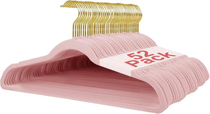 52 Packs Velvet Clothes Hangers, 17.3 Inches Non-Slip Skirt Hangers, Sturdy Dresses Hangers with Shoulder Notches, Space Saving Clothing Hangers for Adults, Pink with Gold Hook