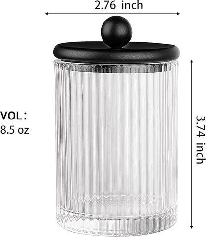 SheeChung 4-Pack Black Ribbed Glass Qtip Holder - Apothecary Jars Bathroom Organizer Set with Lids - Vanity Storage Canisters for Cotton Balls, Pads, Swabs, Floss Picks - Modern Farmhouse