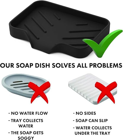 Black Silicone Soap Dish Tray, Self Draining Soap Holder for Bar Soap, Silicone Soap Tray with Drainage, Dish Soap Tray for Kitchen Counter, Plastic Free, S(4.7x3.5)