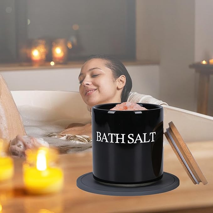 29oz Airtight Ceramic Bath Salt Jar Set - with Wooden Lid, Scoop & Anti-Slip Mat, Opaque Bathroom Storage Organization for Epsom Salt, Spa & Bath Bombs, Black-S