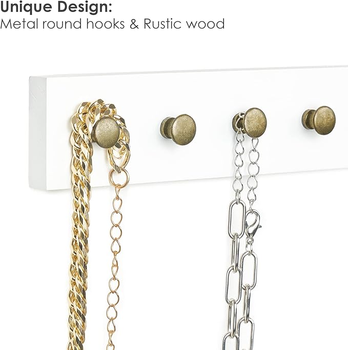 Mkono Necklace Holder Wall Mounted Set of 2 Wood Necklaces Hanger, Jewelry Organizer Hanging with 20 Metal Round Hooks, Jewelry Hooks for Necklaces, Bracelets, Chains, Keys,White