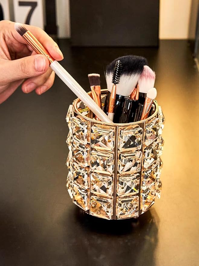 Golden Crystal Makeup Brushes Holder Organizer for Cosmetics Comb Brushes, Eyebrow Pen Pencil Storage Case Container, Golden