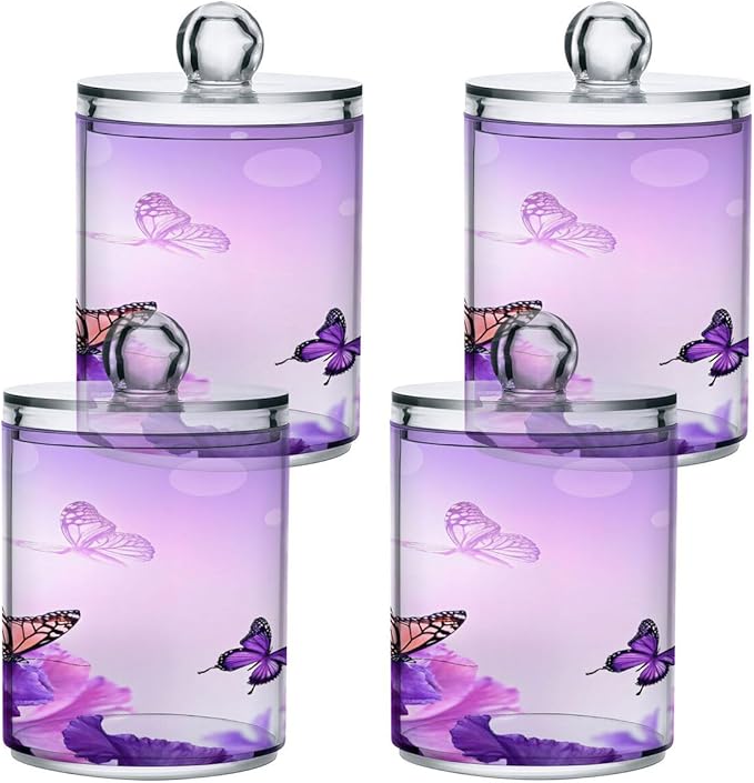 Purple Butterfly Qtip Holder 2 Pack, 14 oz Apothecary Jars Bathroom Vanity Organizer Canister for Qtips,Cotton Swabs,Cotton Balls,Cosmetic Pads,Flossers,Bath Salts