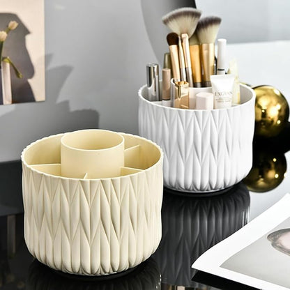 Rotating Makeup Brush Holder - Beige 5 Slot 360° Spinning Organizer for Vanity Desk, Cute Aesthetic Storage for Women, Multi-purpose Pen Pencil Caddy for Office Home Art Supplies