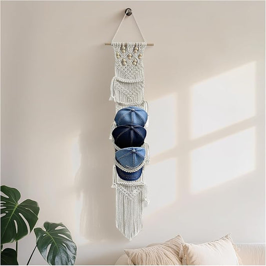 Baseball Hat Organizer,Hat Holder on Wall, Decorative Boho Macrame Hat Rack for Wall to Display Your Baseball Caps Collection