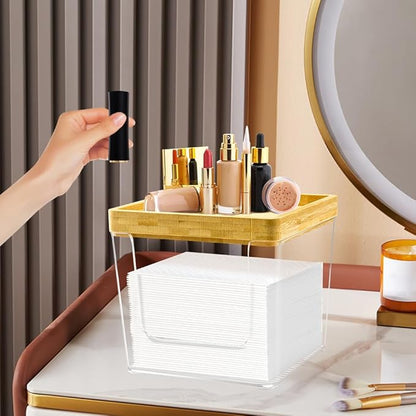 GRETJOB Disposable Face Towel Holder Box, Acrylic Facial Container for XL Clean Skin Club, Large Storage With Bamboo Lid Towel Organizer Container for Bathroom, Vanity Makeup, Clear