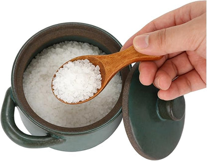 ZALIR Ceramic Salt Cellar with Lid and Wooden Spoon, Rough Pottery Seasoning Pot, 4.3 x 3.5 x 2.4 in Kitchen Jar, Rustic Spice Bowl for Sugar, Salt, Spices