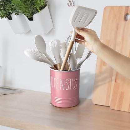 Bivvclaz Kitchen Utensil Holder - 6.7" Utensil Holder for Kitchen Counter - Cooking Utensil Crock with Cork Bottom - Pink Decor and Accessories - Utensil Storage Caddy Organizer
