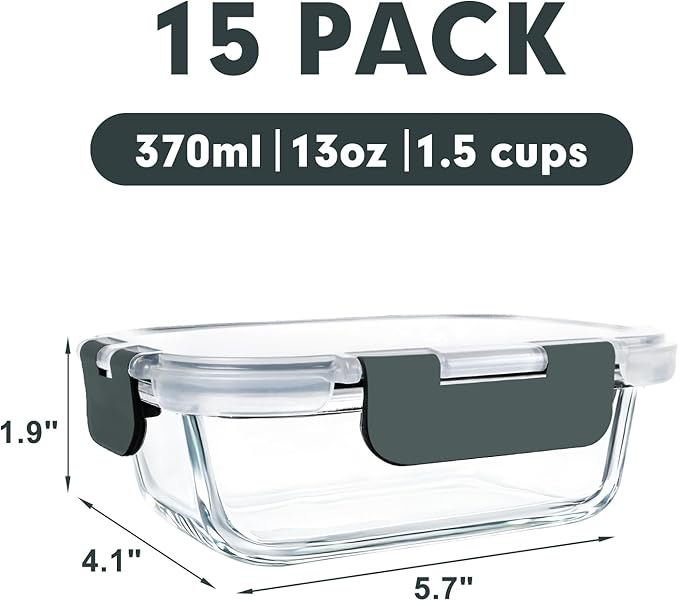 M MCIRCO [15-Pack,13 oz 1.5 Cup Glass Meal Prep Containers, Small Glass Food Storage Containers with Lids,Airtight Lunch Containers, Microwave, Oven, Freezer and Dishwasher Friendly, BPA-free