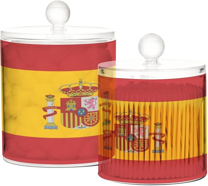 DOMIKING Spain Flag 2 Pack Bathroom Canisters Cotton Swab Holder Dispenser Plastic Cotton Ball Jar Acrylic Storage Containers for Cotton Swab Cotton Ball Cotton Round Pads
