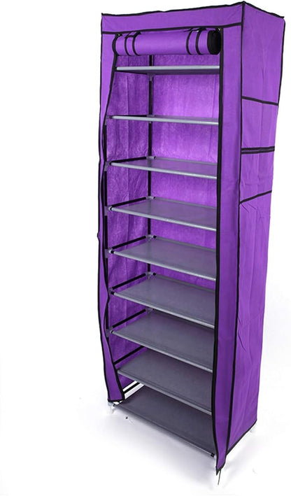 lapday 10 Tier Shoe Rack with Covers, Narrow Tall Shoe Shelf with Side Pocket, Free Standing Shoe Storage Cabinet for Closet Hallway,Bedroom,Entryway (Purple)