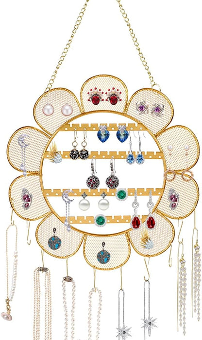 Sunflower Wall Mounted Earring Holder Rack Jewelry Organizer Wall Grid Organizer Necklace Holder Hanging Jewelry Storage for Necklaces Bracelet Stud Earrings Display (Flower)