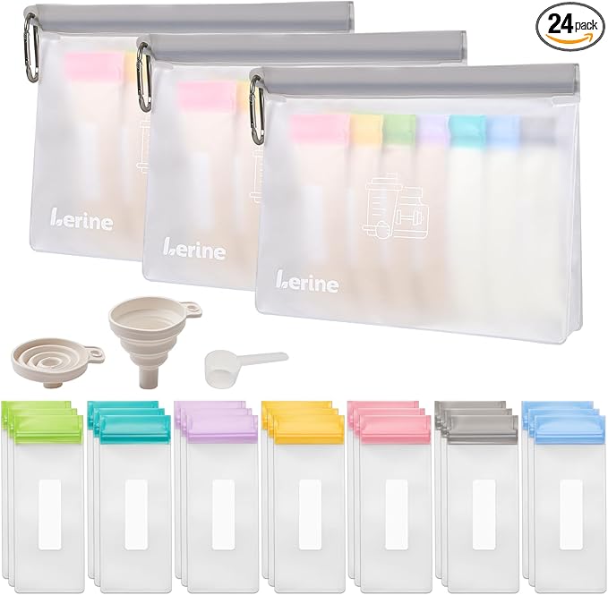 Lerine Protein Powder Travel Container Set, Reusable Protein Powder Container To Go, 21Pcs Single Dose Bags & 3Pcs Large Zip Bags, Portable Supplement Storage Containers with Funnel, Spoon