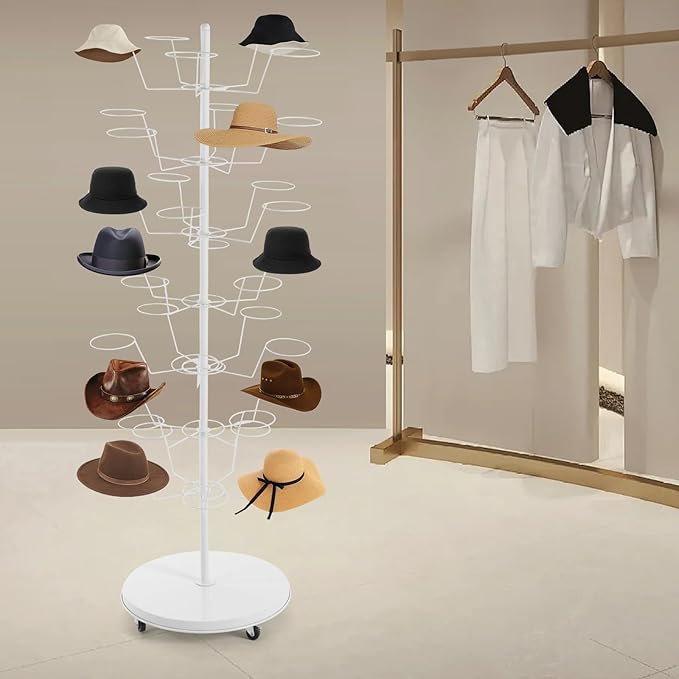 LOYALHEARTDY 7 Tier 35 Hooks Hat Rack Stand, Metal Hat Rack Hat Hangers Freestanding Hat Organizer Rack Display Stand for Wig, Cap, Baseball Hat (White)