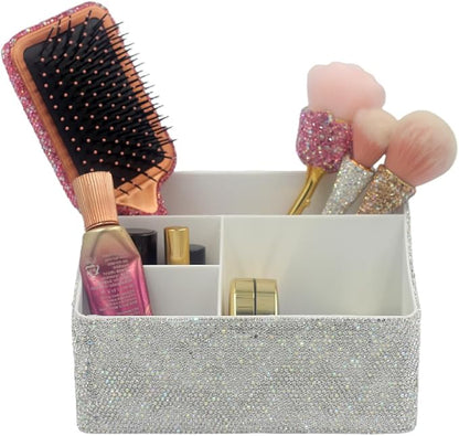 Luxury Bling Rhinestone Multi-functional Organizer Storage– Large Capacity makeup Brushes Lipsticks Storage Box with Compartments for Living Room. Bedroom and office (Siver)