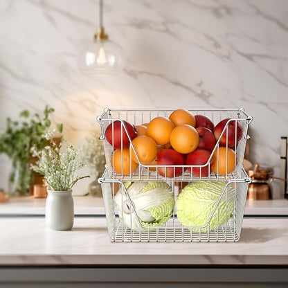Slideep 14'' Large Stackable Storage Baskets Cabinet Organizer Sturdy Metal Wire Pantry Freezer Bin for Pantry Home Bathroom Kitchen Organization 2 Packs