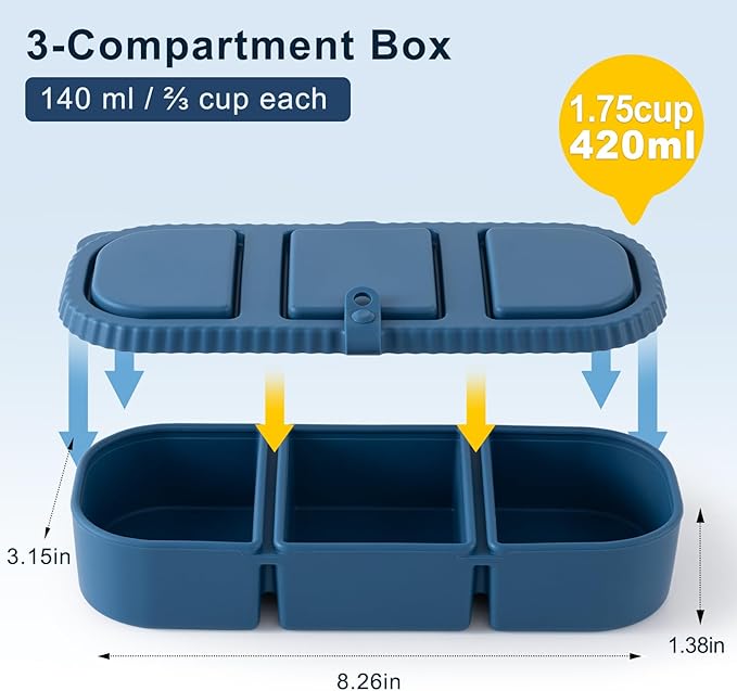 3 Pack Silicone Reusable Snack Containers with Lids - 3 Compartment Snackle Box for Kids & Adults, BPA-Free & Leakproof, Small for Dressing, Sauces, School, Office, Picnic（Blue, yellow, pink）