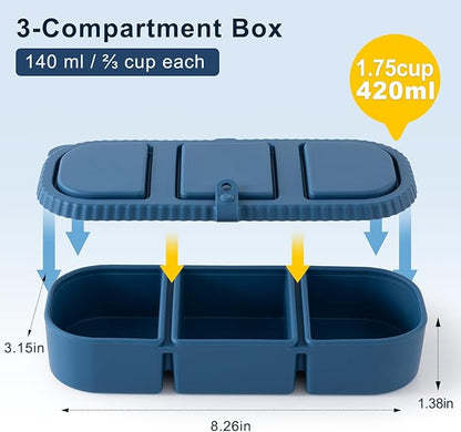 3 Pack Silicone Reusable Snack Containers with Lids - 3 Compartment Snackle Box for Kids & Adults, BPA-Free & Leakproof, Small for Dressing, Sauces, School, Office, Picnic（Blue, yellow, pink）
