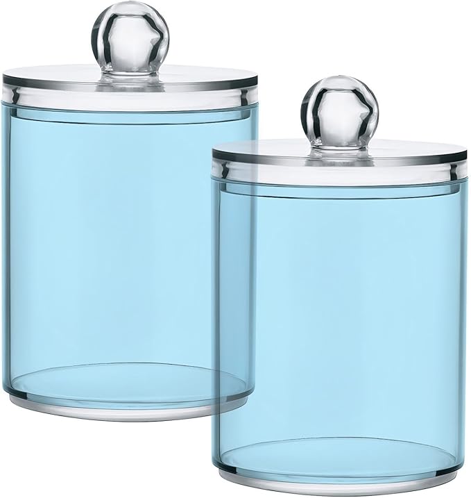 Light Blue Qtip Dispenser Apothecary Jars Bathroom Qtip Holder Storage Canister 10 Oz Plastic Jar for Cotton Ball Swab Round Pads Floss 2pcs