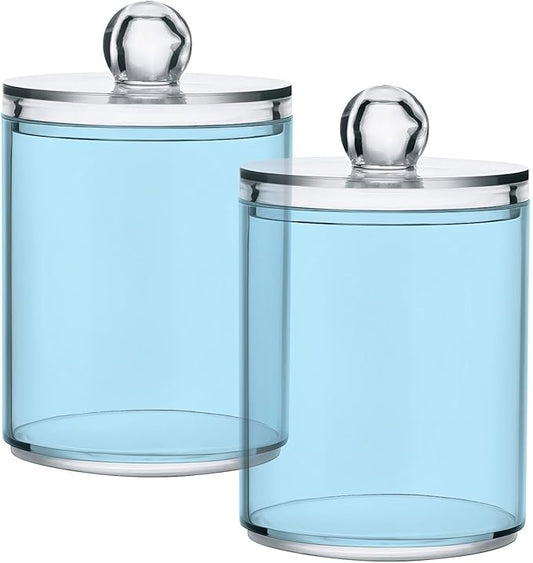 Light Blue Qtip Dispenser Apothecary Jars Bathroom Qtip Holder Storage Canister 10 Oz Plastic Jar for Cotton Ball Swab Round Pads Floss 2pcs