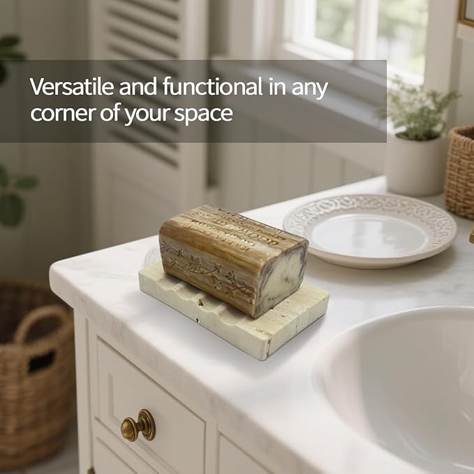 WeDoDecor Real Travertine Marble Soap Dish for Shower Stone Tray Small Bar Soap Holder with Self Draining | Non-Slip, Luxury Bath Room Accessories (Beige)