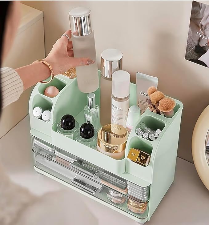 Tiered Makeup Organizer, Mint Green Cosmetic Storage Display Case with Brush Holder, Vanity Beauty Product Storage System