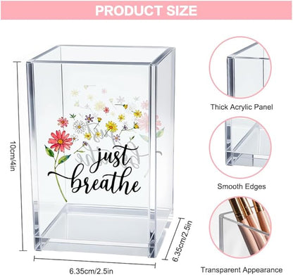 Just Breathe Acrylic Cosmetic Pencil Pen Holder Cup, Inspirational Dandelion Desk Organizer Accessories for Home Office Decor, Encouragement Gifts for Women Girl Coworker Daughter Yoga Teacher