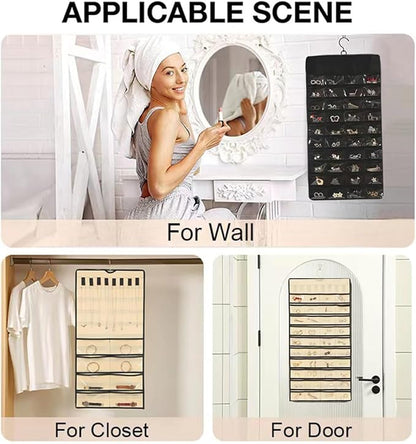 Double Sided Hanging Jewelry Organizer, 48 Pockets Clear Window Large Jewelry Hanging Organizer with Necklace Hanger, Wall/Door/Closet Stud Earring Bracelet Ring Storage