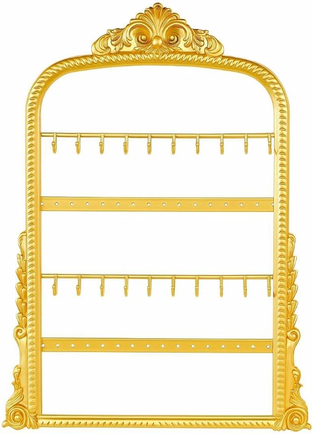 Vintage Gold Jewelry Organizer Wall Mount, Victorian Style Decorative Frame with Multiple Hooks and Bars, Ornate Necklace Earring Display Holder