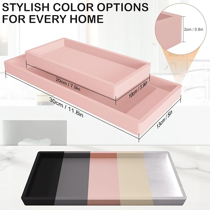 Bathroom Vanity Tray 2 Pack, 11.8 x 5 Inch Silicone Bathroom Counter Tray, Large Candle Trays for Dresser and Waterproof Organizer for Vanity, Kitchen, Toilet, Pink