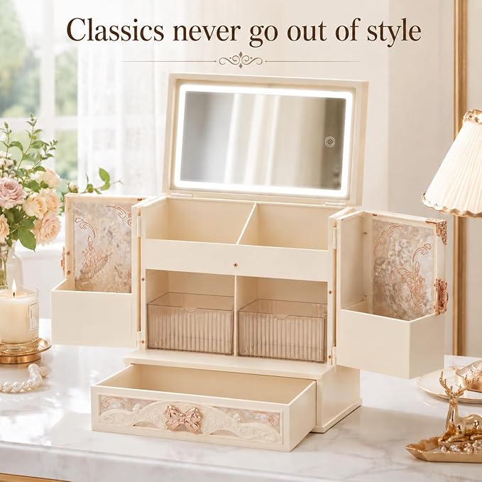 Lighted Vanity Makeup Organizer with Mirror, Large Vintage Cosmetic Storage Box with Drawers, Waterproof Dustproof Skincare & Beauty Organizer for Bathroom Counter, Gift for Women (Off-white)
