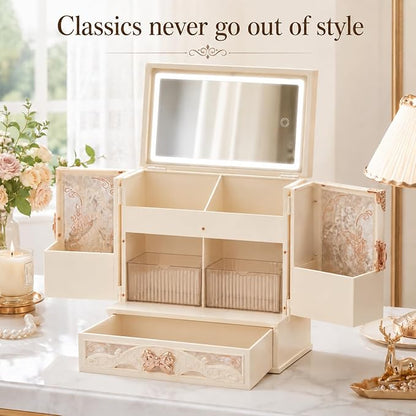 Lighted Vanity Makeup Organizer with Mirror, Large Vintage Cosmetic Storage Box with Drawers, Waterproof Dustproof Skincare & Beauty Organizer for Bathroom Counter, Gift for Women (Off-white)